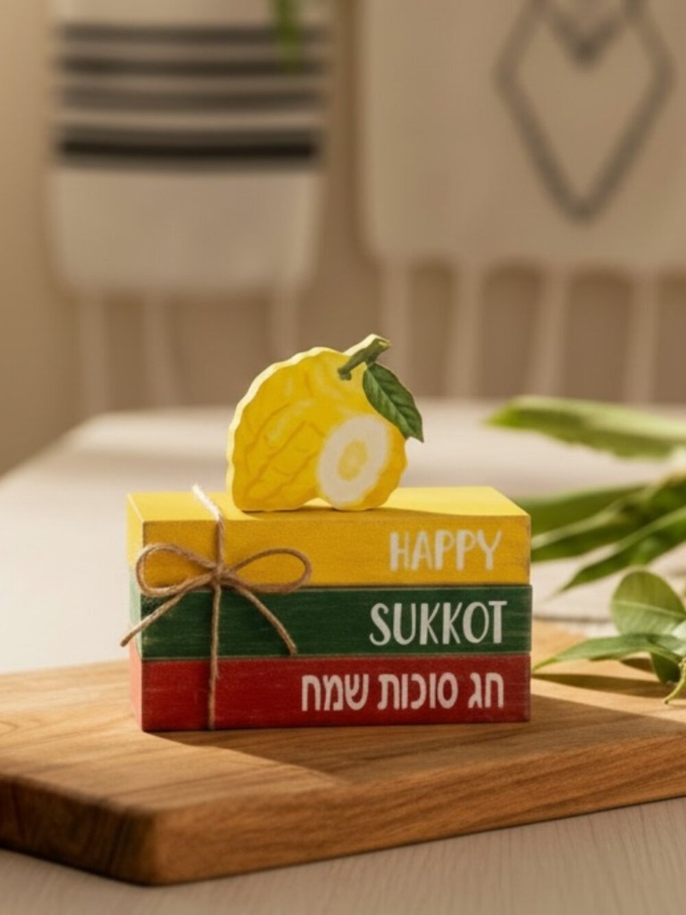 NIB Sukkot Wooden Table Decor Set - Etrog & Lulav Tiered Tray Signs